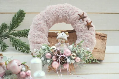 Adventný veniec so 4sviečkami a veniec na stenu, sada v ružovej – foto 2